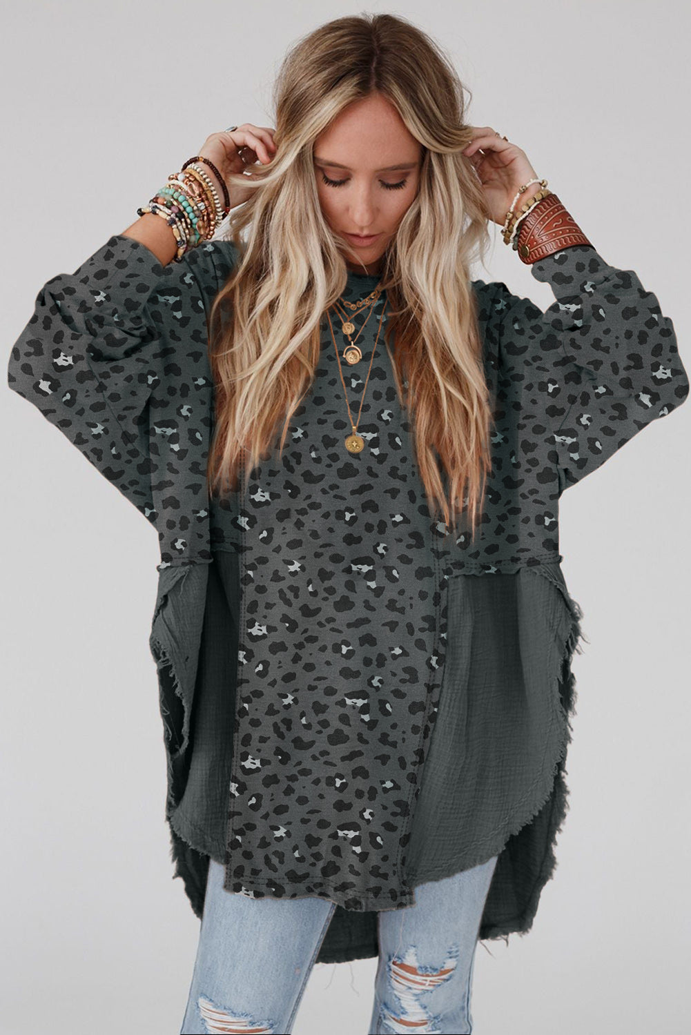 Gray Leopard Patchwork Raw Edge Oversized Top featuring a loose fit and edgy raw hem design, perfect for casual wear.