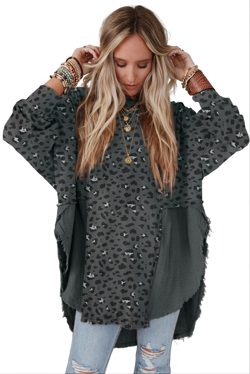 Gray Leopard Patchwork Raw Edge Oversized Top featuring a loose fit and edgy raw hem design, perfect for casual wear.