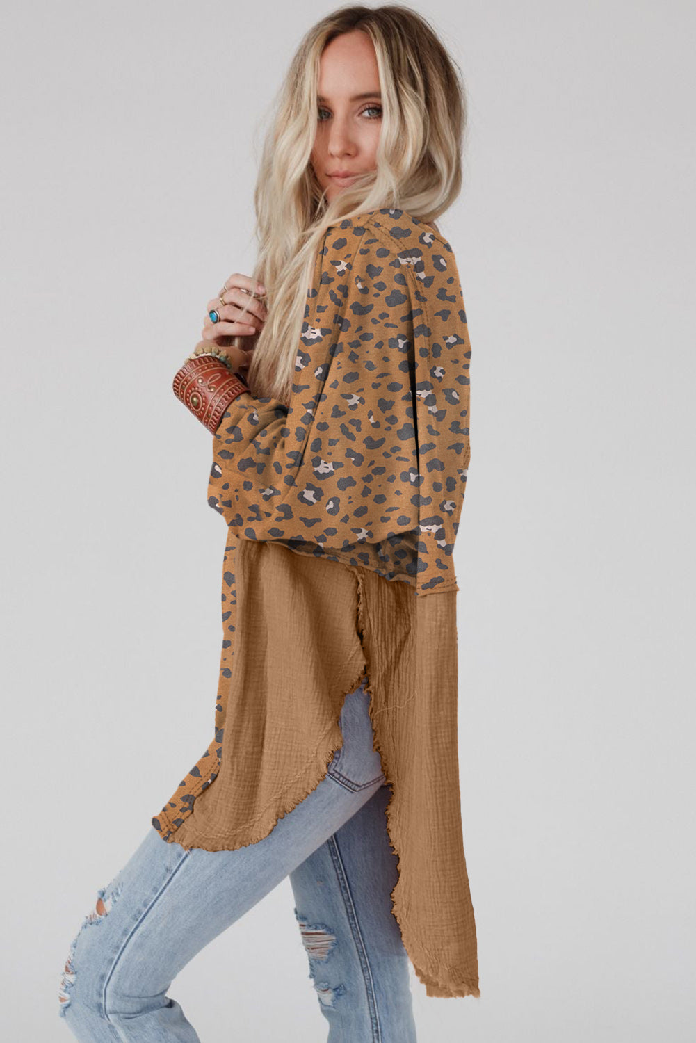 Gray Leopard Patchwork Raw Edge Oversized Top featuring a loose fit and edgy raw hem design, perfect for casual wear.