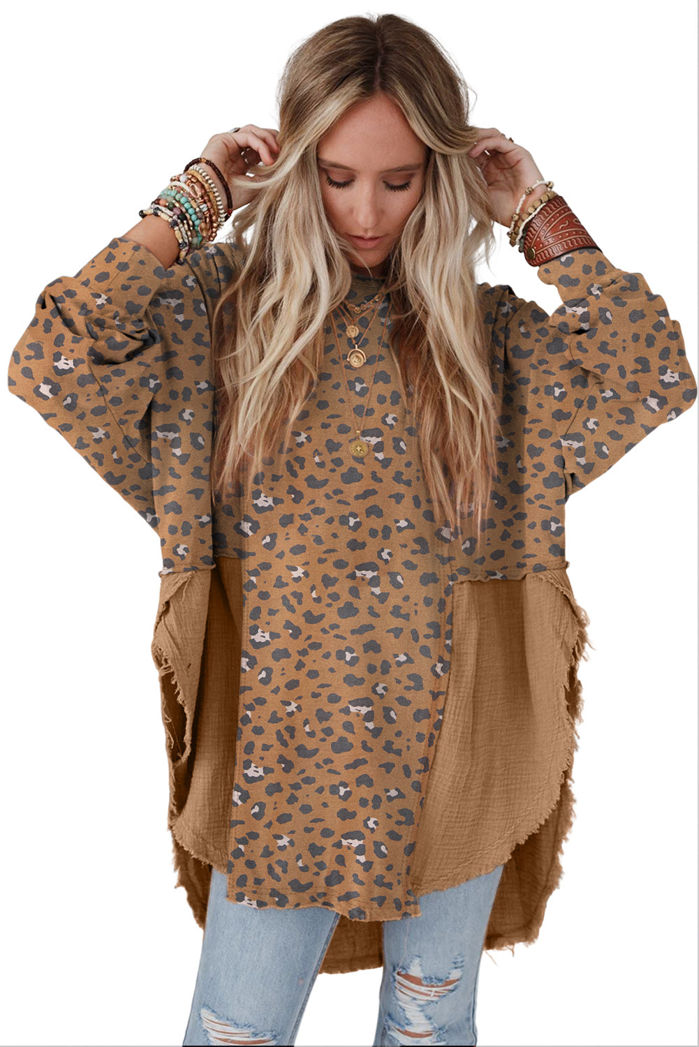 Gray Leopard Patchwork Raw Edge Oversized Top featuring a loose fit and edgy raw hem design, perfect for casual wear.