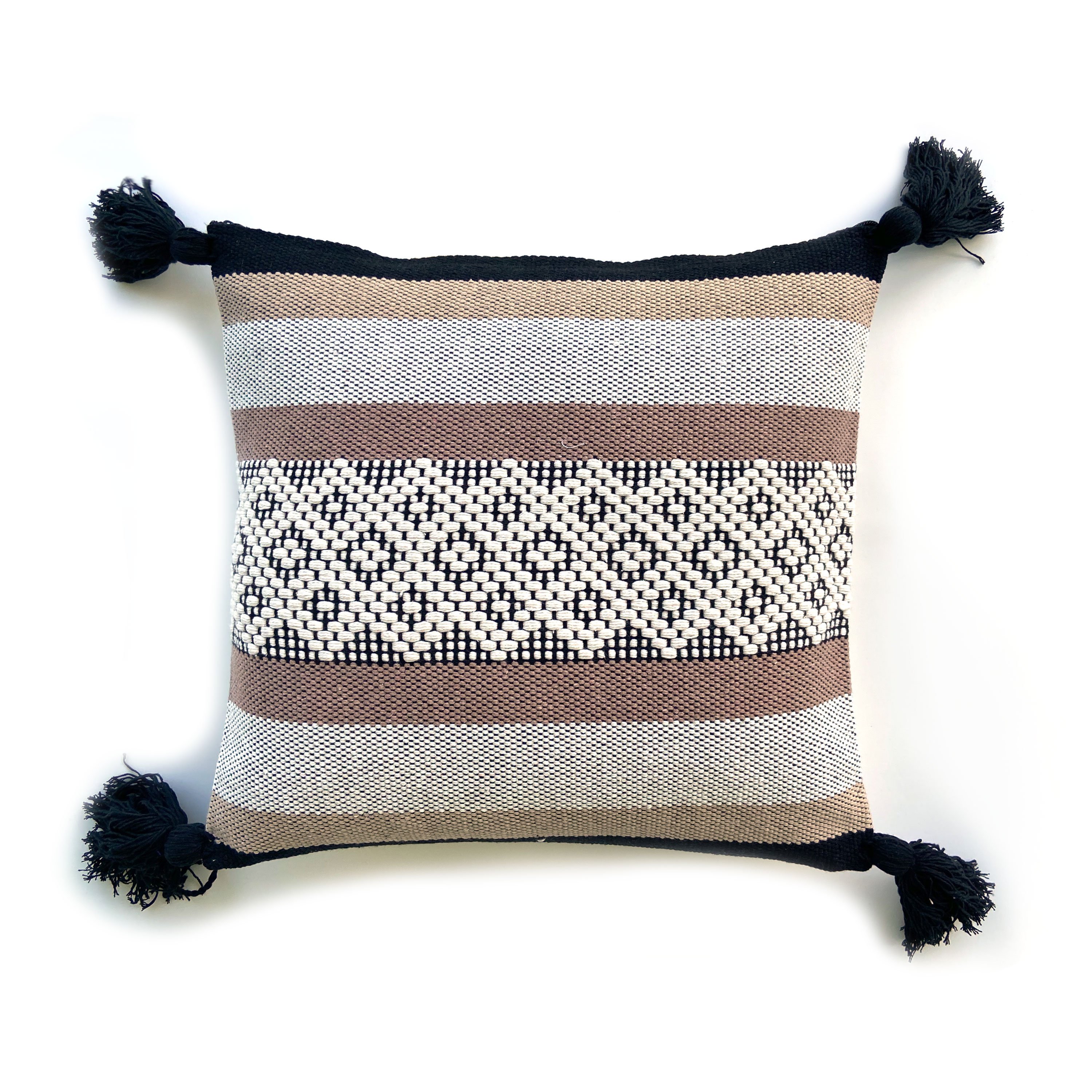 Greca Accent Pillow Cover with colorful geometric design and four tassels, handmade in Oaxaca, Mexico.