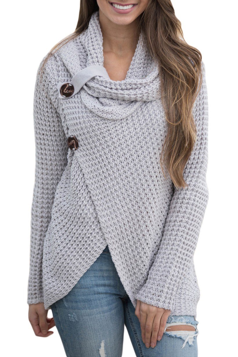 A cozy grey button wrap cowl neck sweater with a unique crossover front and tulip hem, perfect for autumn and winter wear.