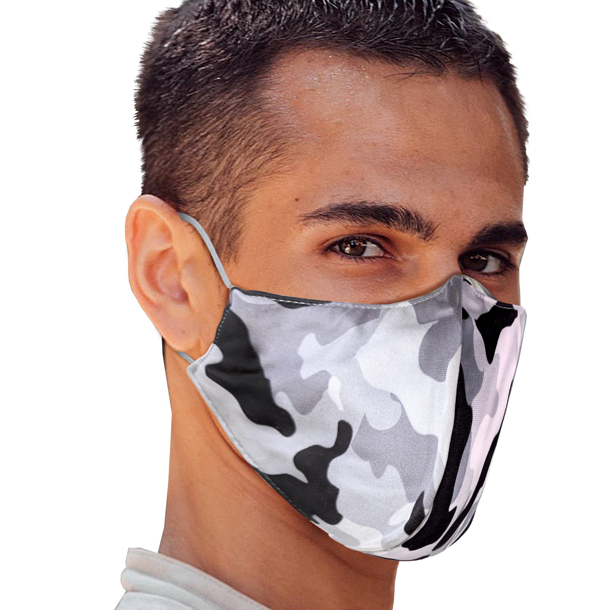 Grey camouflage face mask designed for style and protection, featuring adjustable ear loops for a comfortable fit.