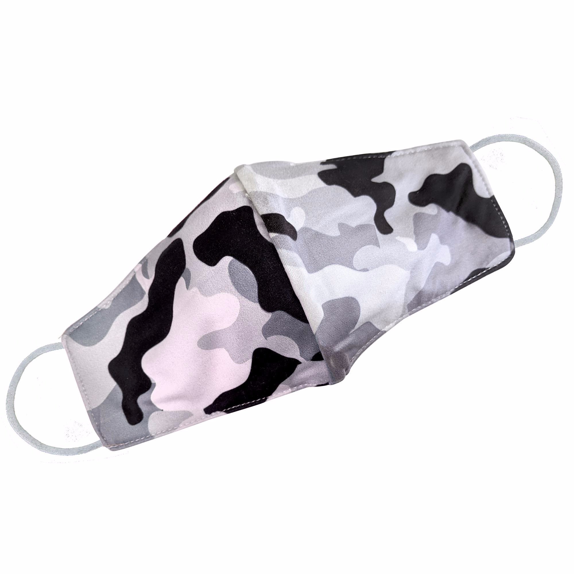 Grey camouflage face mask designed for style and protection, featuring adjustable ear loops for a comfortable fit.
