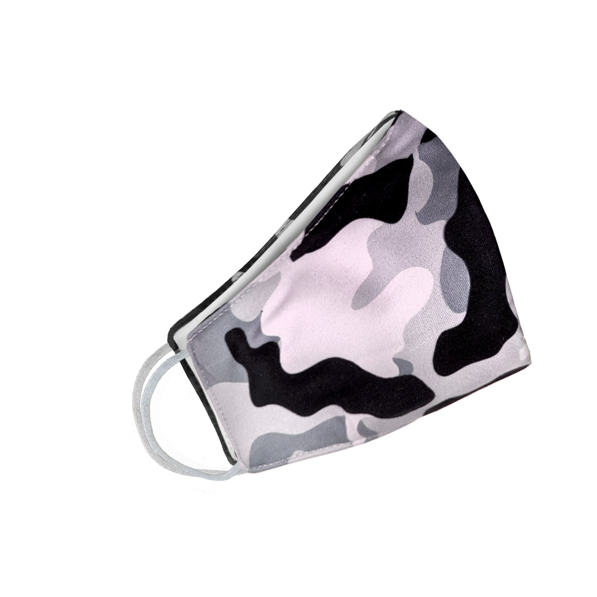 Grey camouflage face mask designed for style and protection, featuring adjustable ear loops for a comfortable fit.