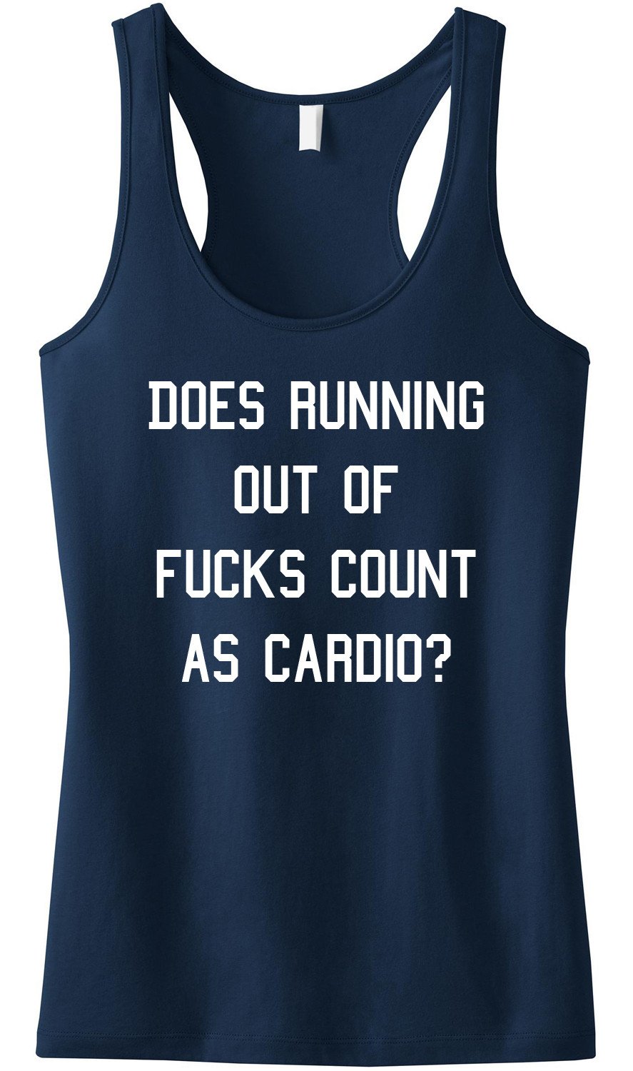 Navy blue Gym Class tank top with humorous slogan, racerback design, and sheer mini rib knit fabric.
