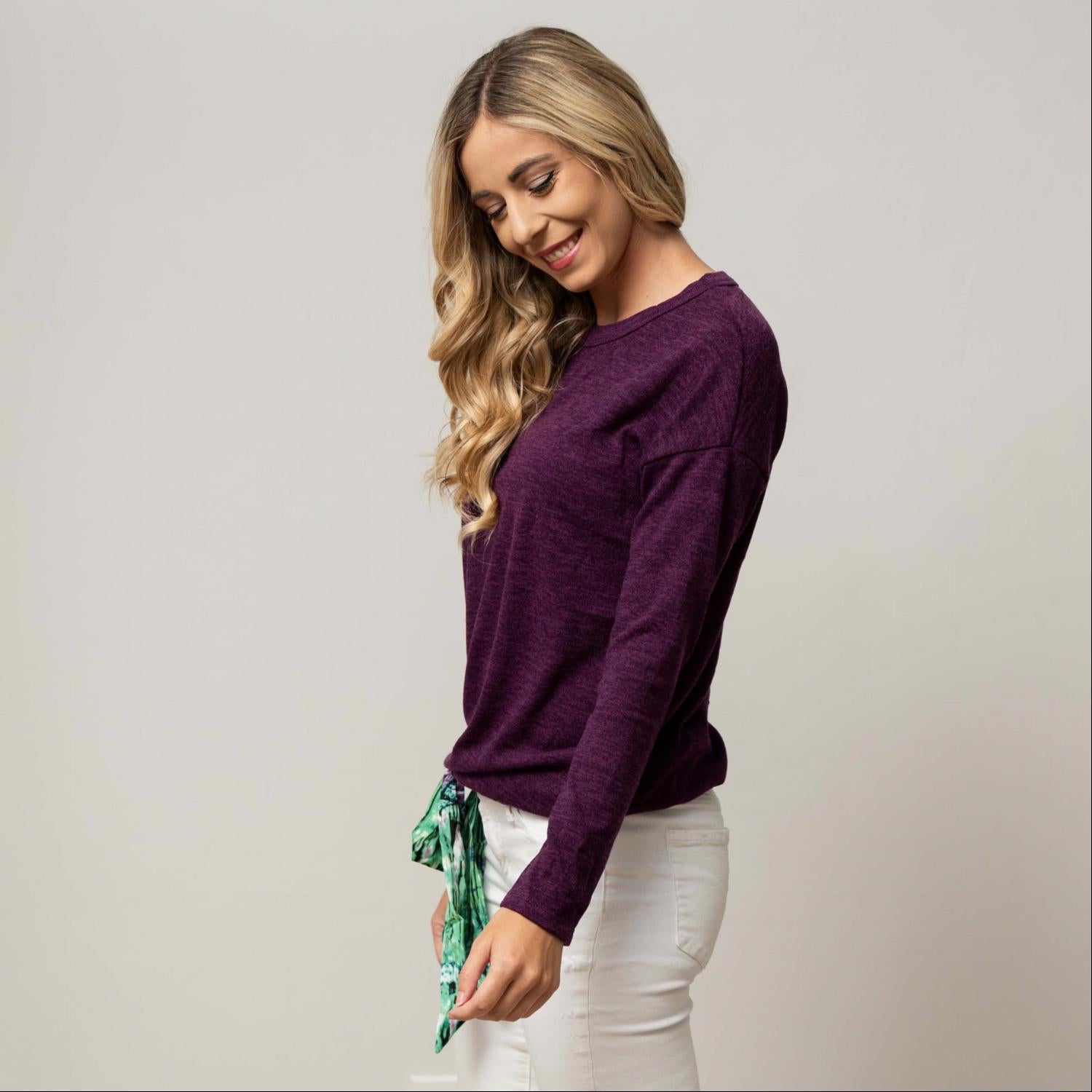 Hacci Long Sleeve Tunic in solid color with front tie detail, showcasing long sleeves and a modest crew neckline.