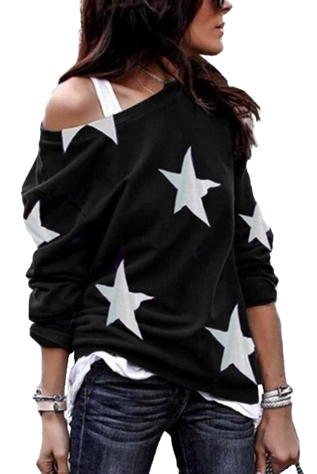 Black long sleeve t-shirt with wide collar and star print, designed for sporty comfort and style.