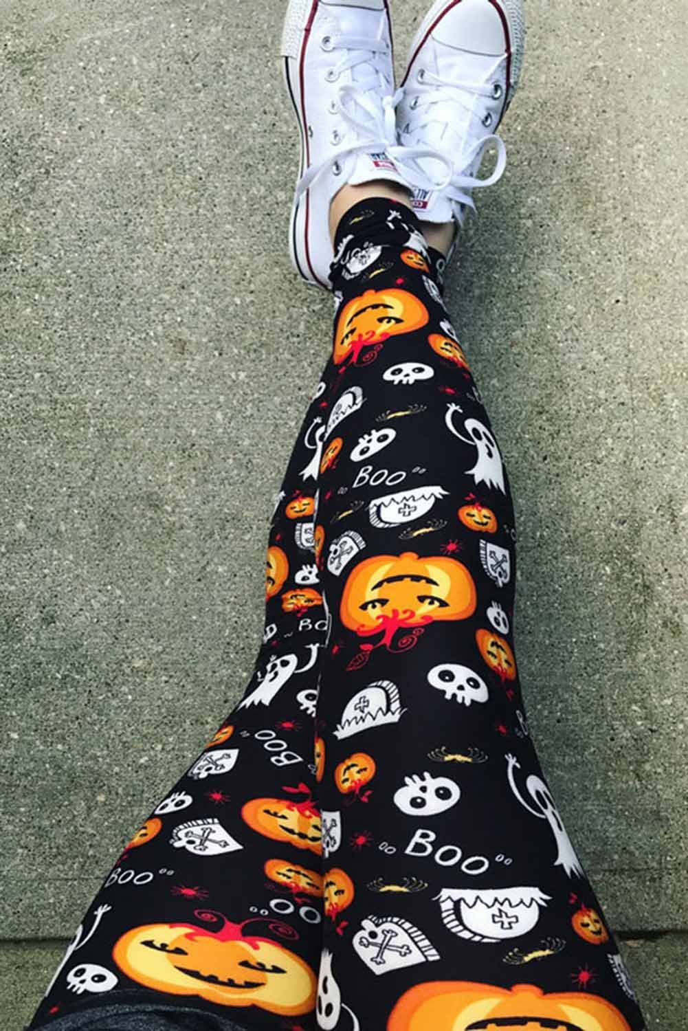 A pair of Halloween-themed leggings featuring a pumpkin ghost skull design, made from stretchy and breathable fabric, perfect for festive occasions.