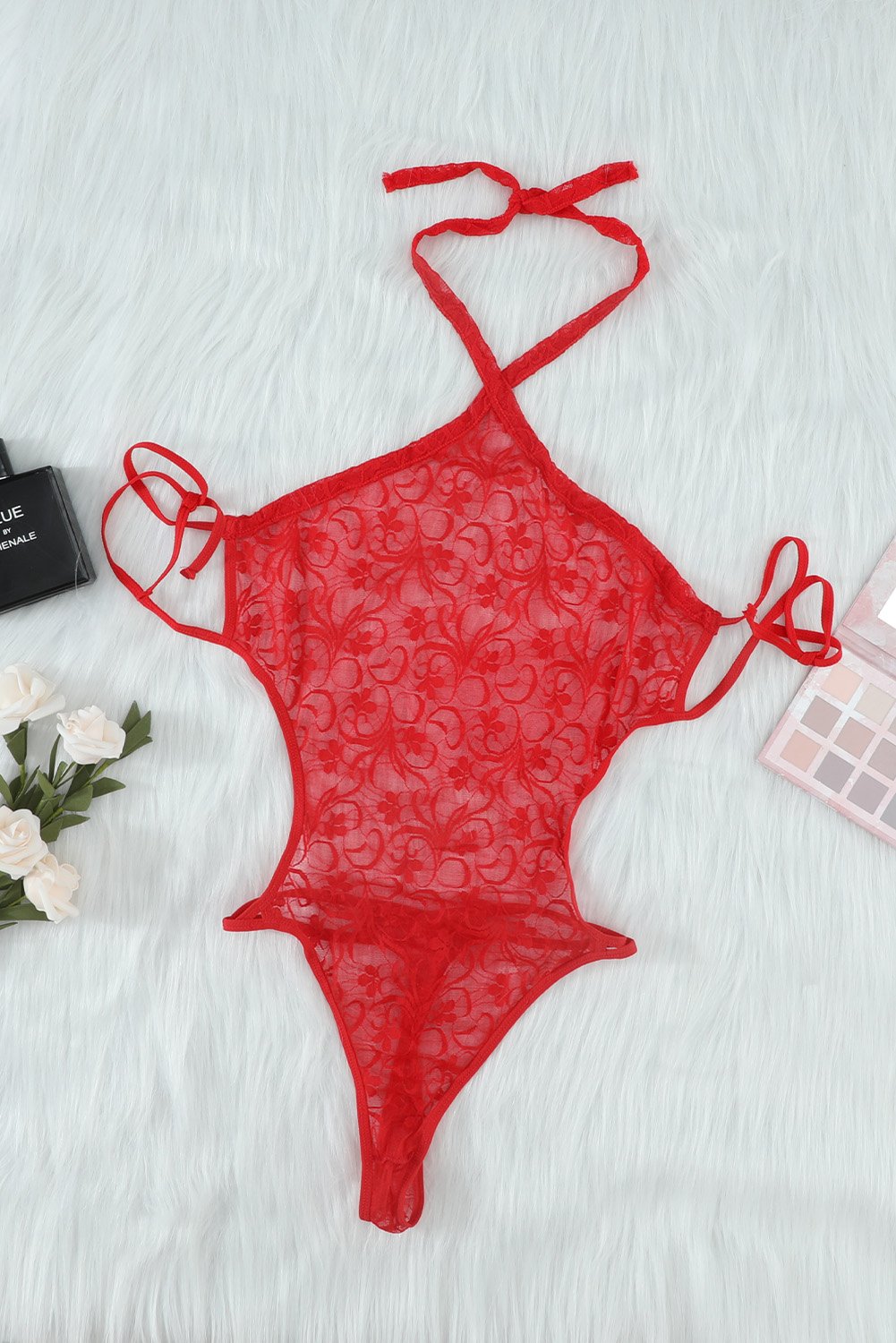 Halter Neck Backless Strappy Lace Teddy in red, showcasing intricate lace design and strappy details, perfect for intimate occasions.