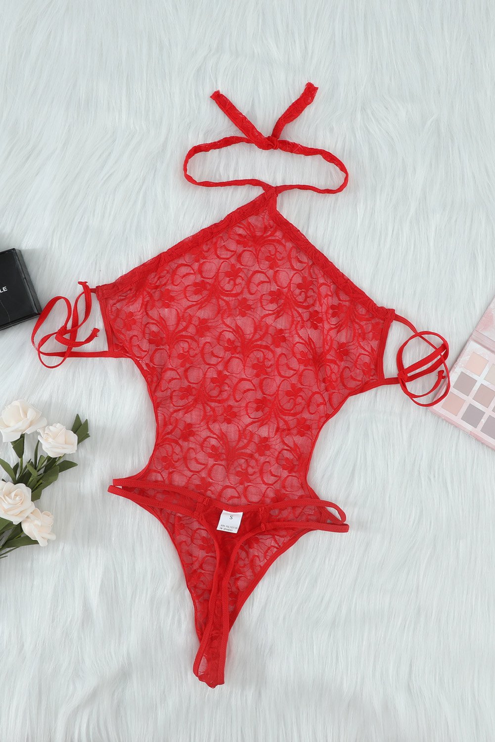 Halter Neck Backless Strappy Lace Teddy in red, showcasing intricate lace design and strappy details, perfect for intimate occasions.