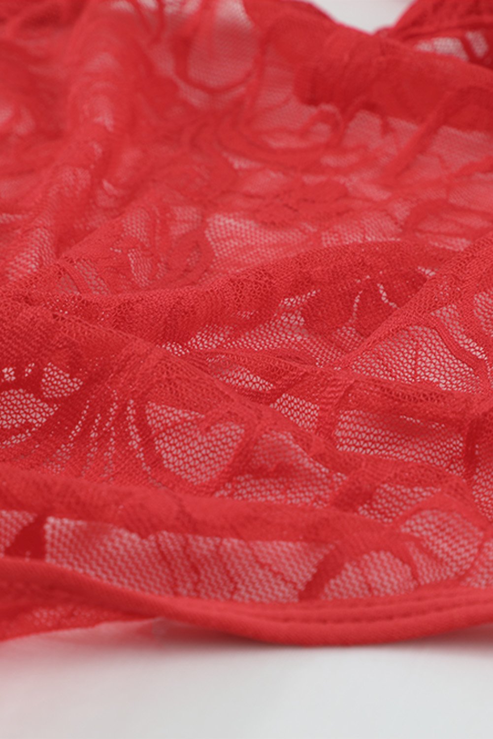 Halter Neck Backless Strappy Lace Teddy in red, showcasing intricate lace design and strappy details, perfect for intimate occasions.