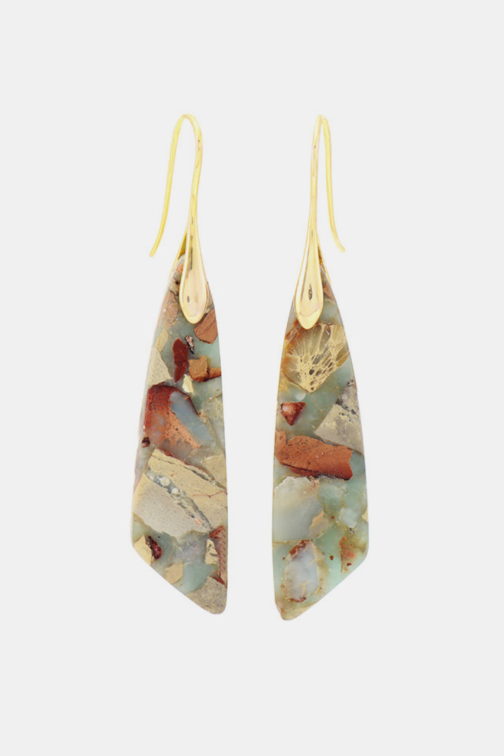A pair of handmade dangle earrings featuring natural stones, copper, and gold plating, showcasing unique patterns and modern design.