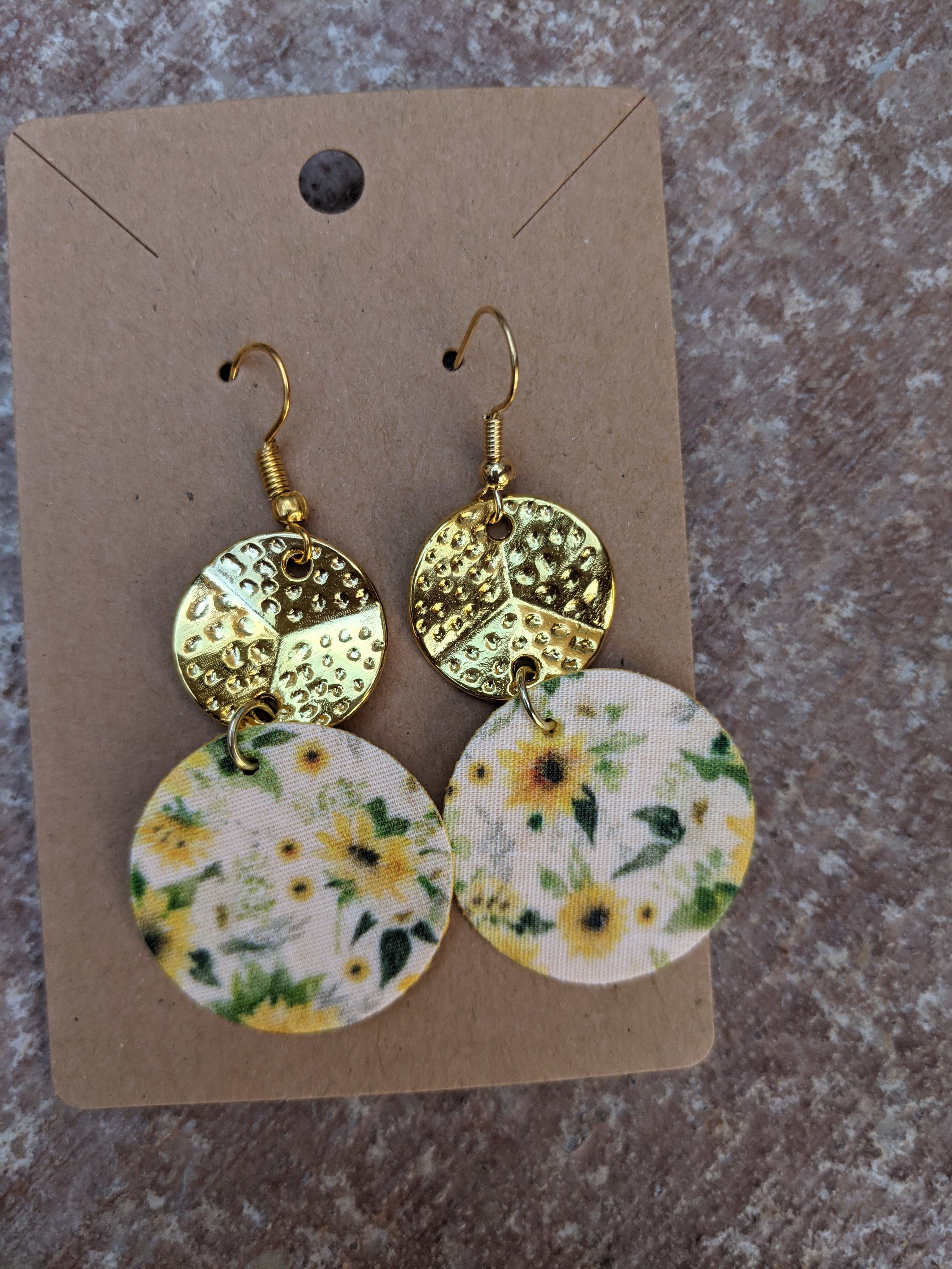 Handmade sunflower collection faux leather earrings, lightweight and hypoallergenic, measuring 1.5 inches in length.