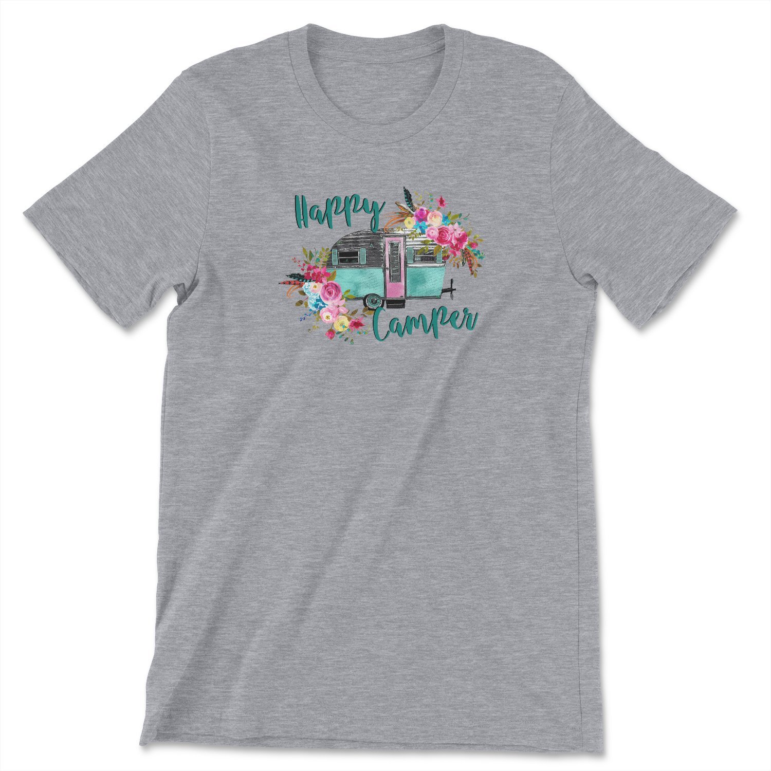 Happy Camper Vintage Camping Tee featuring a retro design, unisex fit, and soft fabric, perfect for outdoor enthusiasts.