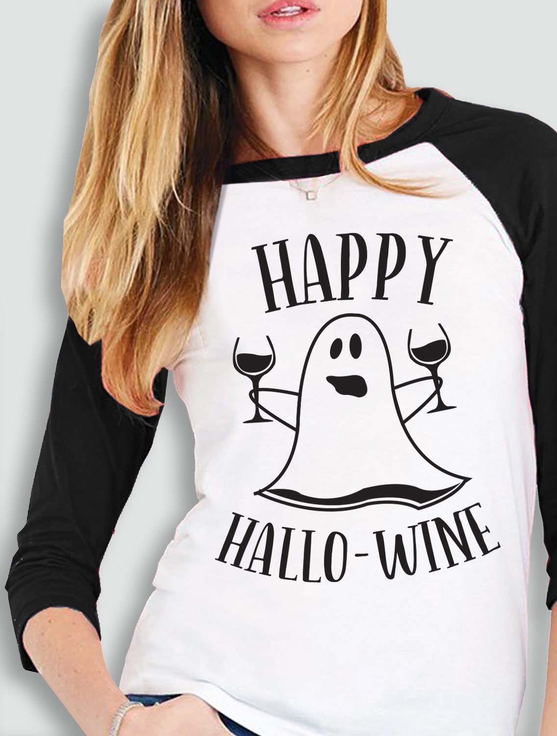 Happy HalloWine Ghost Baseball Tee in white with black sleeves, featuring a playful ghost design for Halloween celebrations.