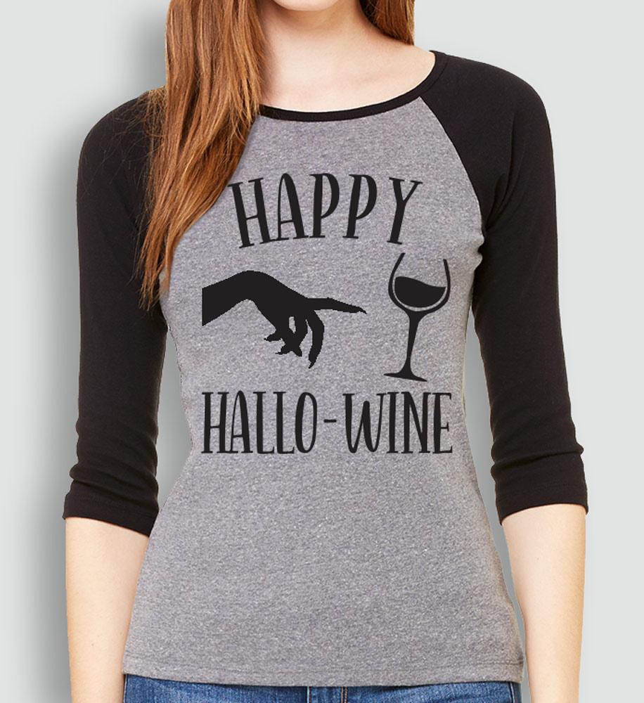 Happy HalloWine Witch Baseball Tee featuring a playful Halloween design with white body and black sleeves.