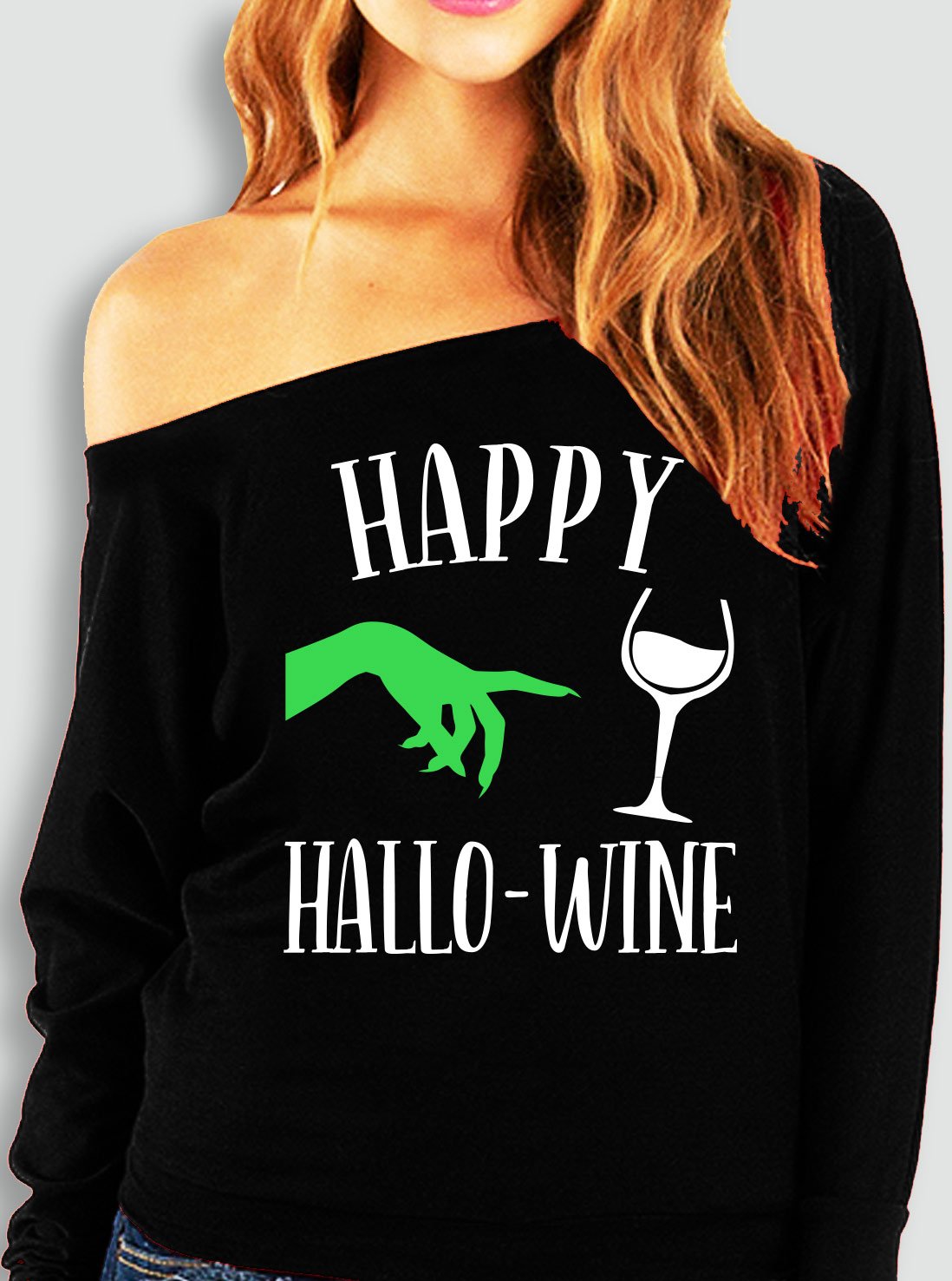 Happy HalloWine Witch Off-Shoulder Sweatshirt featuring a playful Halloween design in black with off-shoulder style.