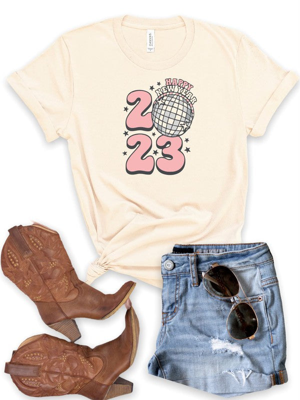 Happy New Year 2023 Bella Canvas Tee, featuring a soft cotton fabric and unisex design, perfect for celebrating the New Year.