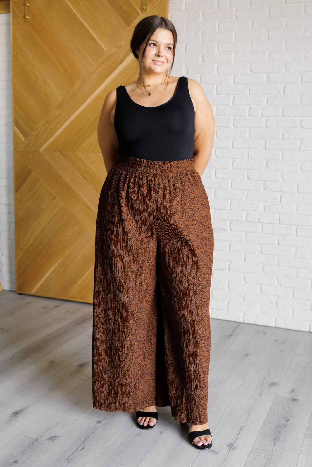 Harmony High Rise Wide Leg Pants in Brown with smocked waistband and polka dot print, showcasing a stylish wide leg design.