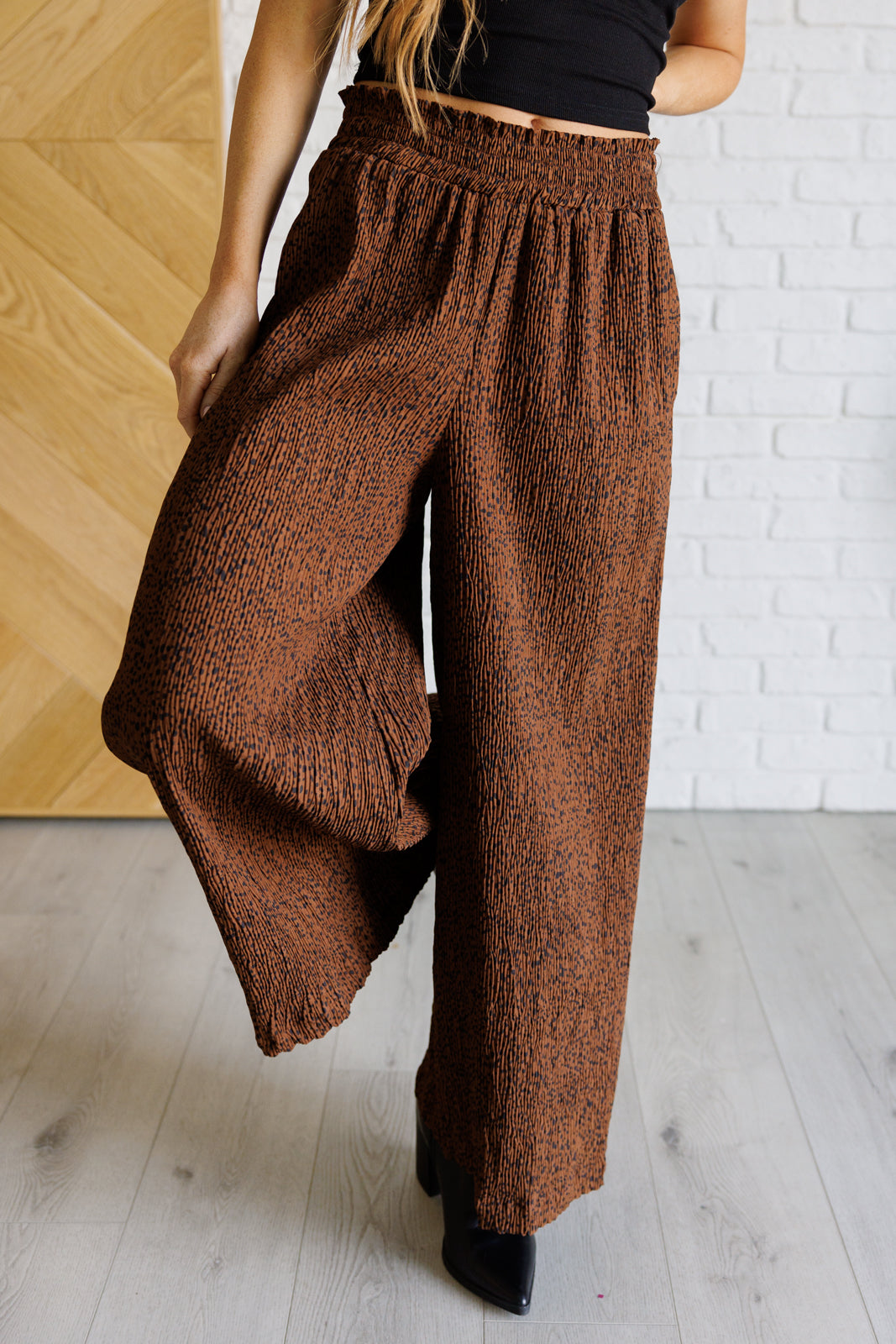 Harmony High Rise Wide Leg Pants in Brown with smocked waistband and polka dot print, showcasing a stylish wide leg design.