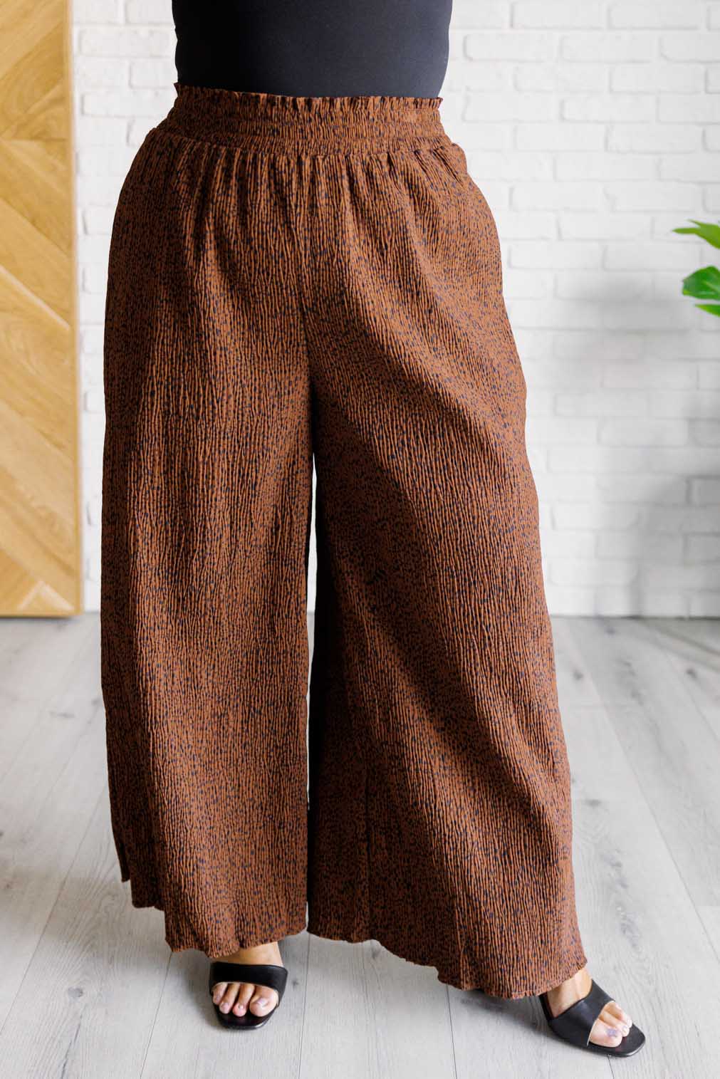 Harmony High Rise Wide Leg Pants in Brown with smocked waistband and polka dot print, showcasing a stylish wide leg design.