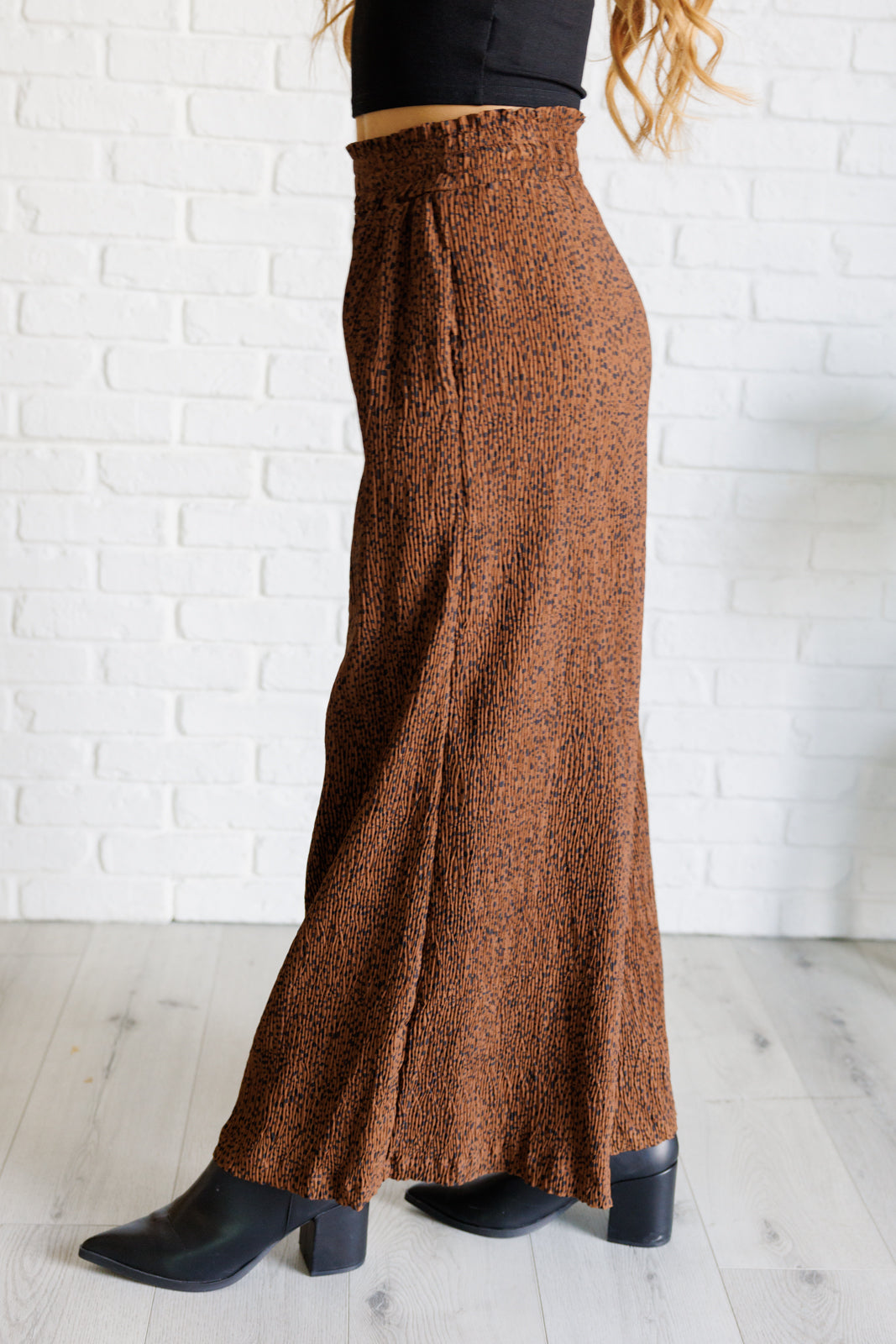 Harmony High Rise Wide Leg Pants in Brown with smocked waistband and polka dot print, showcasing a stylish wide leg design.