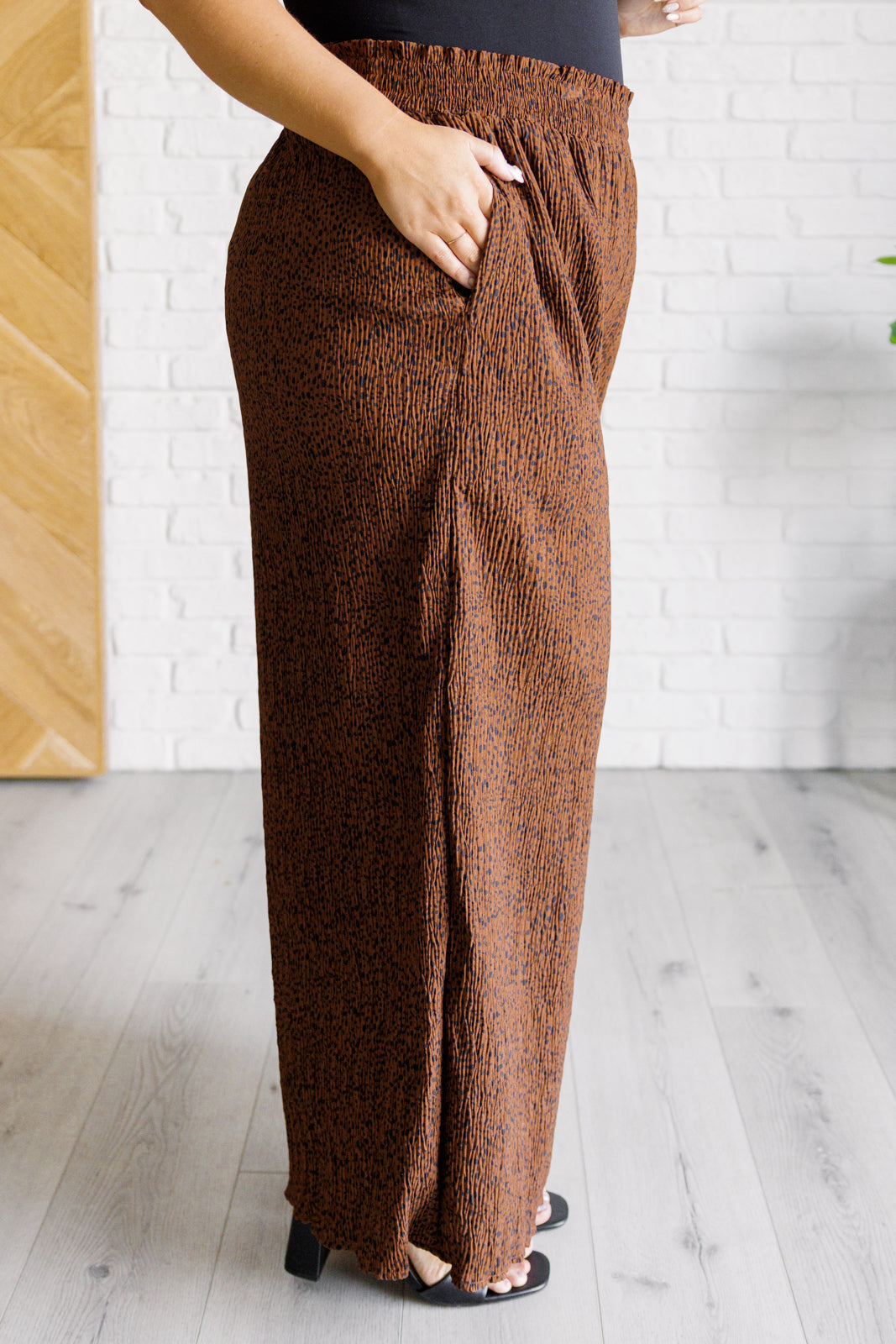 Harmony High Rise Wide Leg Pants in Brown with smocked waistband and polka dot print, showcasing a stylish wide leg design.