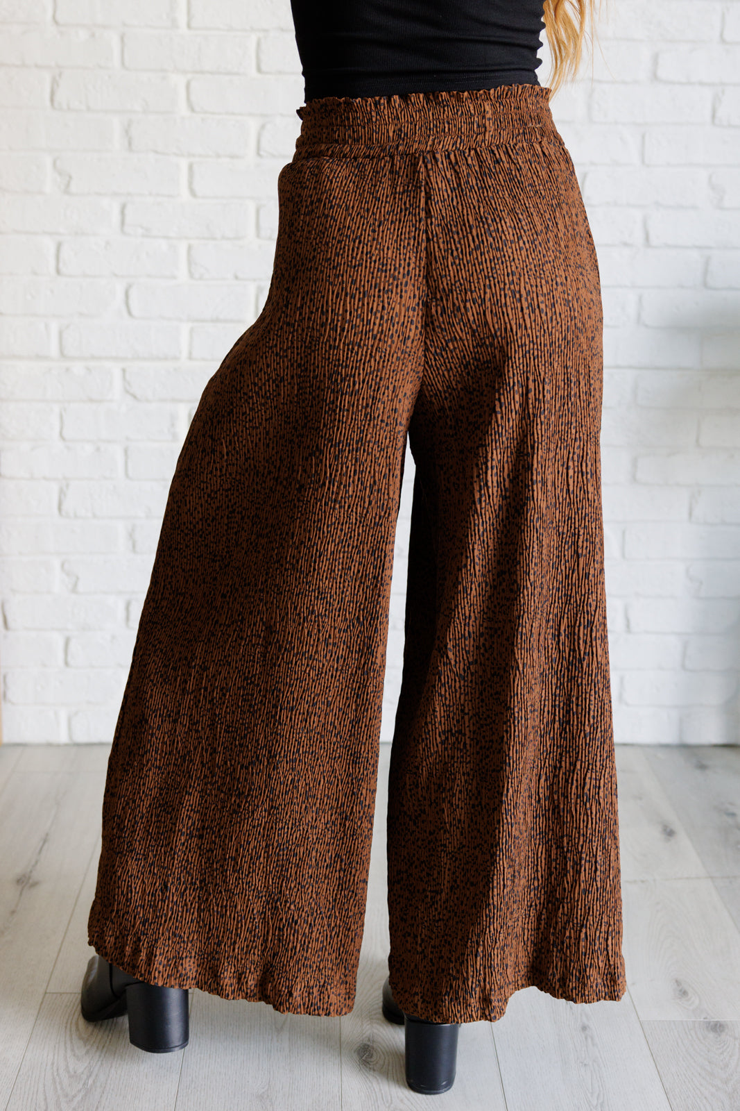 Harmony High Rise Wide Leg Pants in Brown with smocked waistband and polka dot print, showcasing a stylish wide leg design.