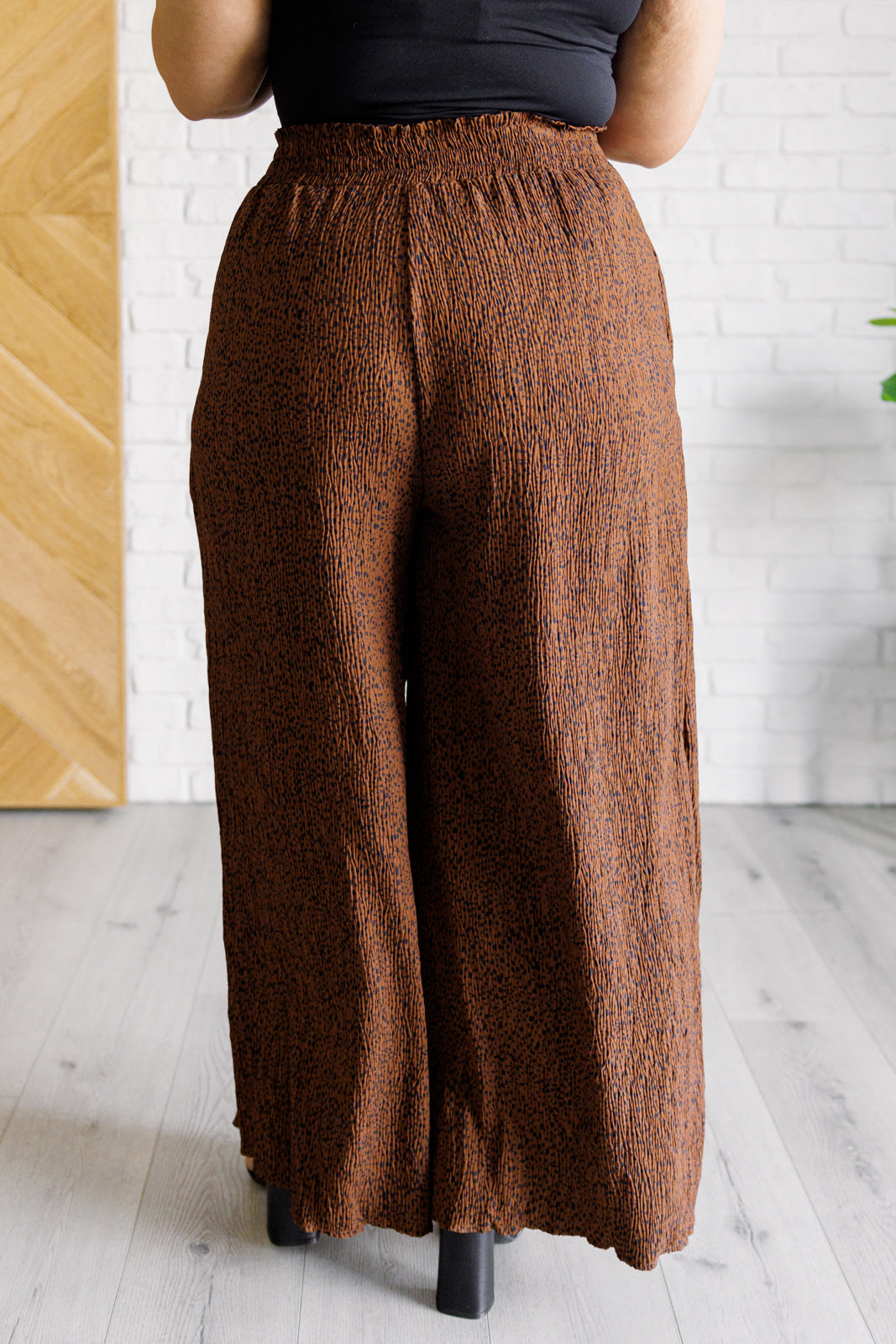 Harmony High Rise Wide Leg Pants in Brown with smocked waistband and polka dot print, showcasing a stylish wide leg design.