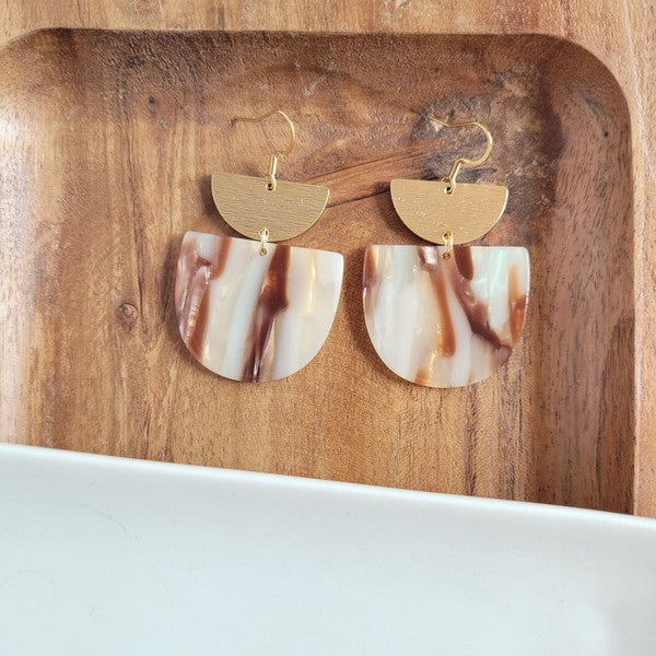 Harper Mocha Shimmer Earrings featuring 18K gold plated hooks and brushed brass accents, made from durable plant-based acetate.