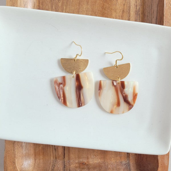 Harper Mocha Shimmer Earrings featuring 18K gold plated hooks and brushed brass accents, made from durable plant-based acetate.