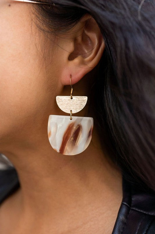 Harper Mocha Shimmer Earrings featuring 18K gold plated hooks and brushed brass accents, made from durable plant-based acetate.