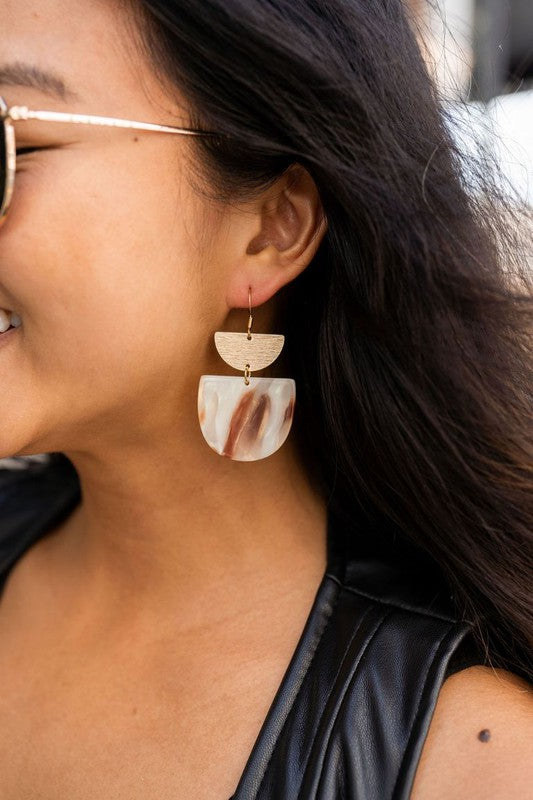 Harper Mocha Shimmer Earrings featuring 18K gold plated hooks and brushed brass accents, made from durable plant-based acetate.