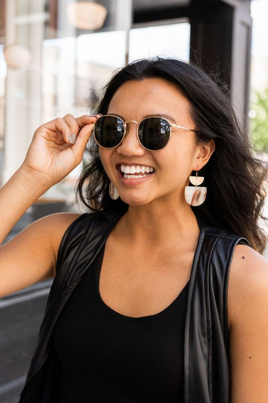 Harper Mocha Shimmer Earrings featuring 18K gold plated hooks and brushed brass accents, made from durable plant-based acetate.