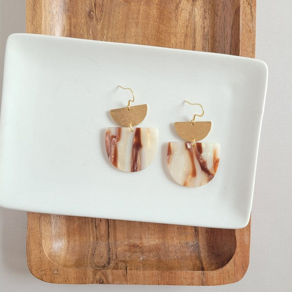 Harper Mocha Shimmer Earrings featuring 18K gold plated hooks and brushed brass accents, made from durable plant-based acetate.