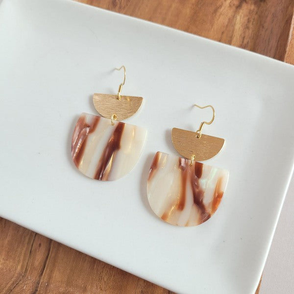 Harper Mocha Shimmer Earrings featuring 18K gold plated hooks and brushed brass accents, made from durable plant-based acetate.