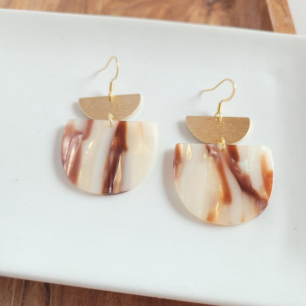 Harper Mocha Shimmer Earrings featuring 18K gold plated hooks and brushed brass accents, made from durable plant-based acetate.