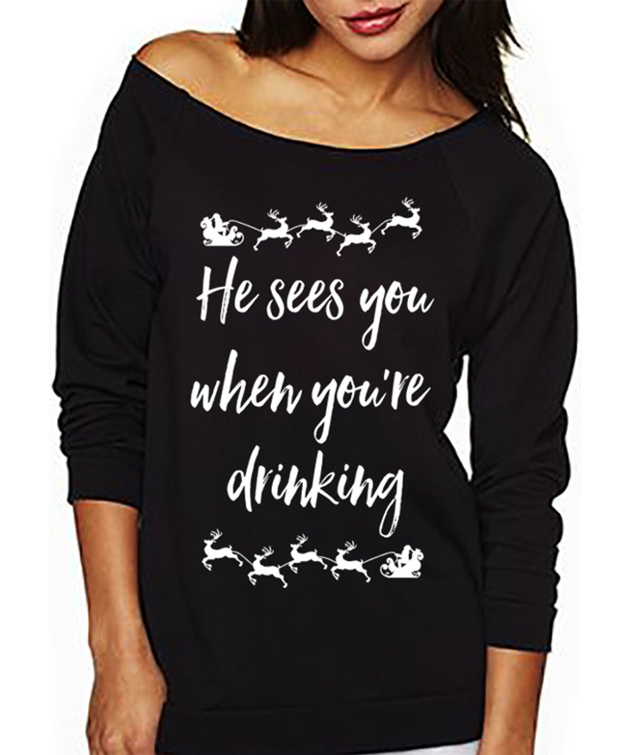 Black Christmas sweater with off-shoulder design featuring the phrase 'He Sees You When You're Drinking' in festive lettering.