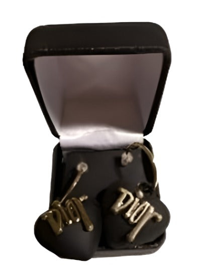 Elegant Heart Earrings in gold and black, crafted from genuine leather, inspired by Dior design.