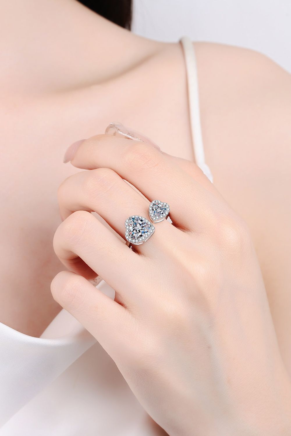 Heart-Shape Moissanite Open Ring made of 925 sterling silver with a polished finish, featuring a brilliant moissanite gemstone.