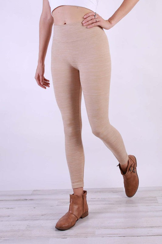 A pair of stylish Heather Fleece Leggings in a soft, heathered fabric, showcasing their comfortable fit and stretchy material.