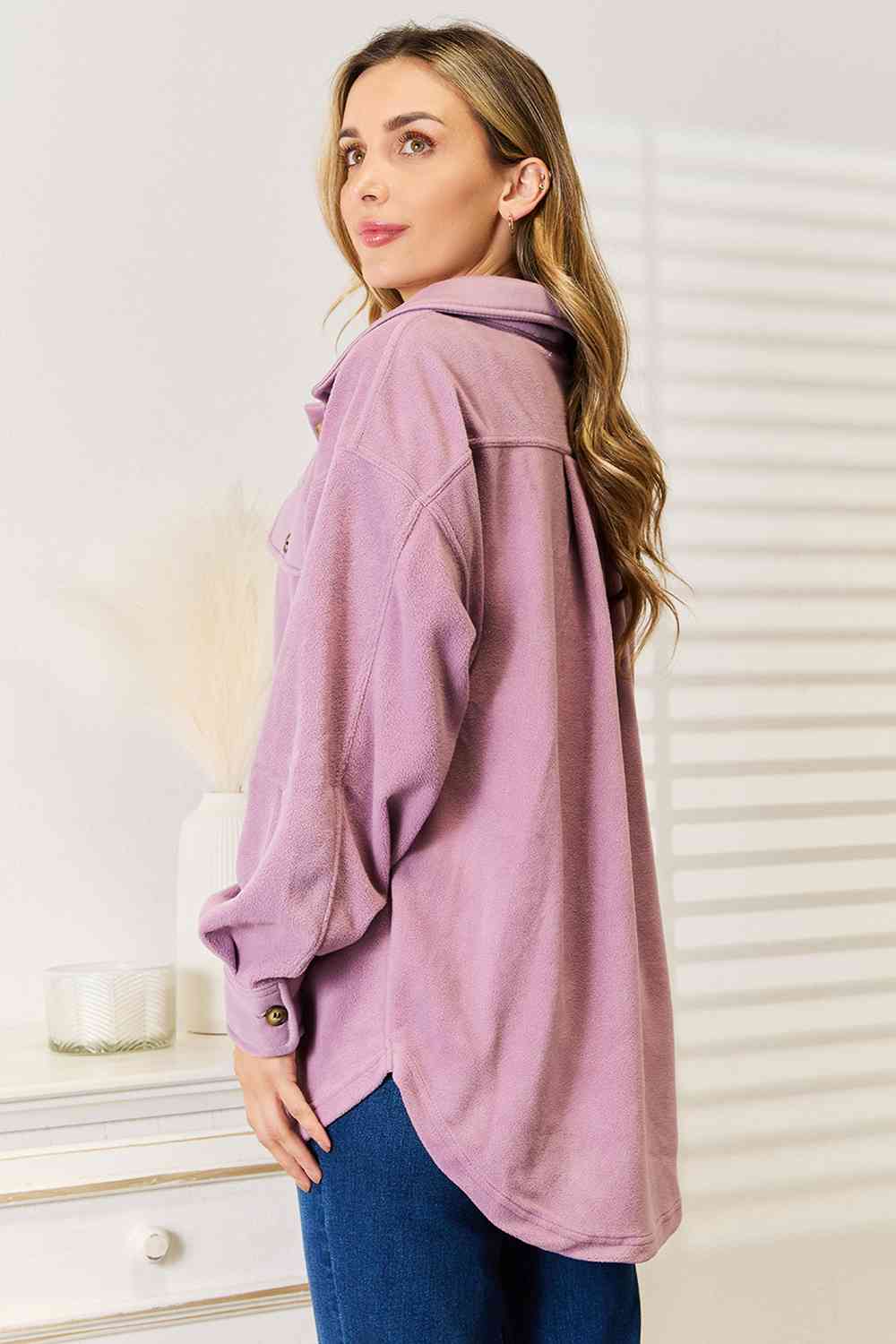 Heimish Cozy Girl Full Size Button Down Shacket featuring a button-down front, long puff sleeves, and side pockets in a stylish design.
