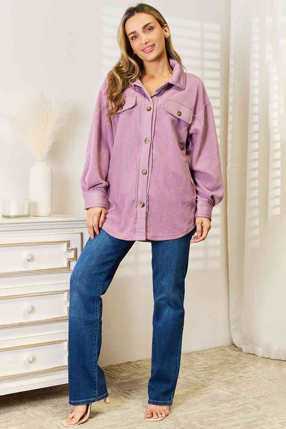 Heimish Cozy Girl Full Size Button Down Shacket featuring a button-down front, long puff sleeves, and side pockets in a stylish design.