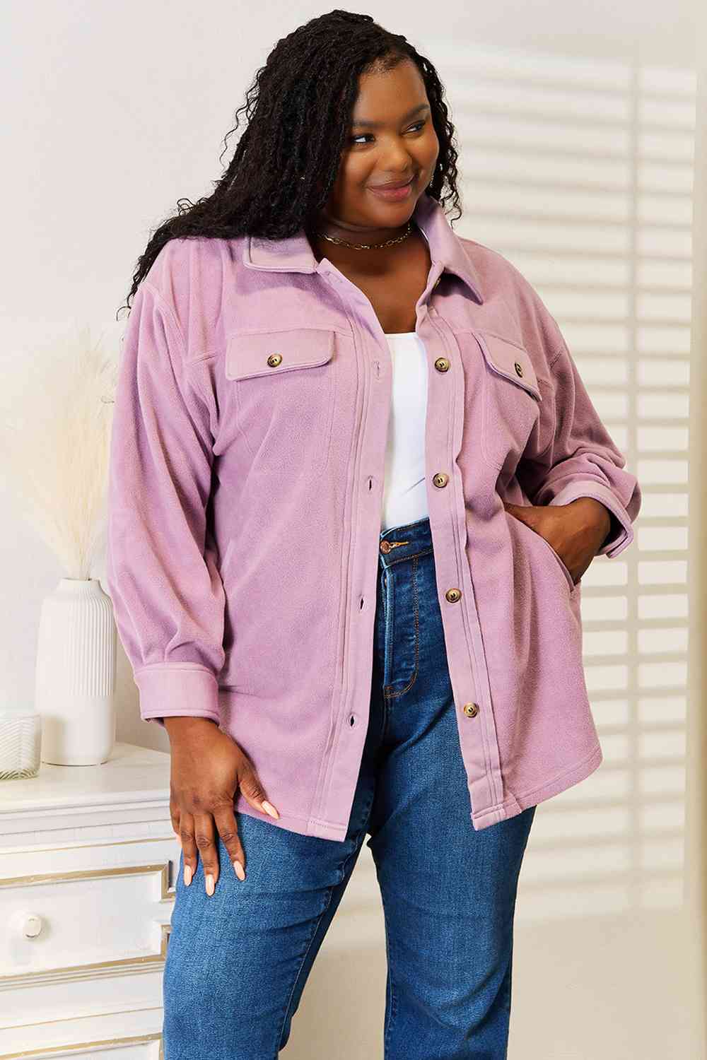 Heimish Cozy Girl Full Size Button Down Shacket featuring a button-down front, long puff sleeves, and side pockets in a stylish design.