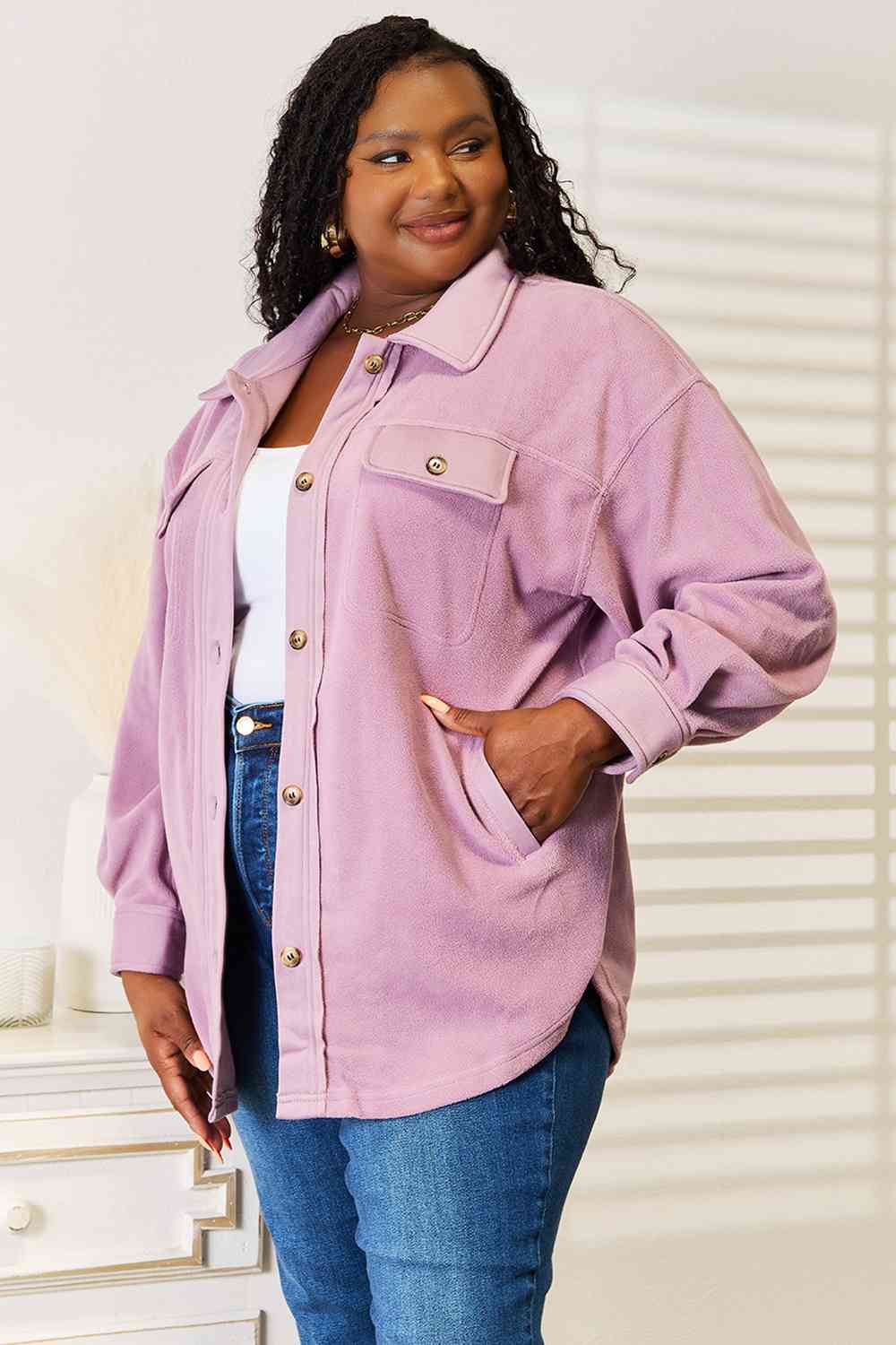 Heimish Cozy Girl Full Size Button Down Shacket featuring a button-down front, long puff sleeves, and side pockets in a stylish design.