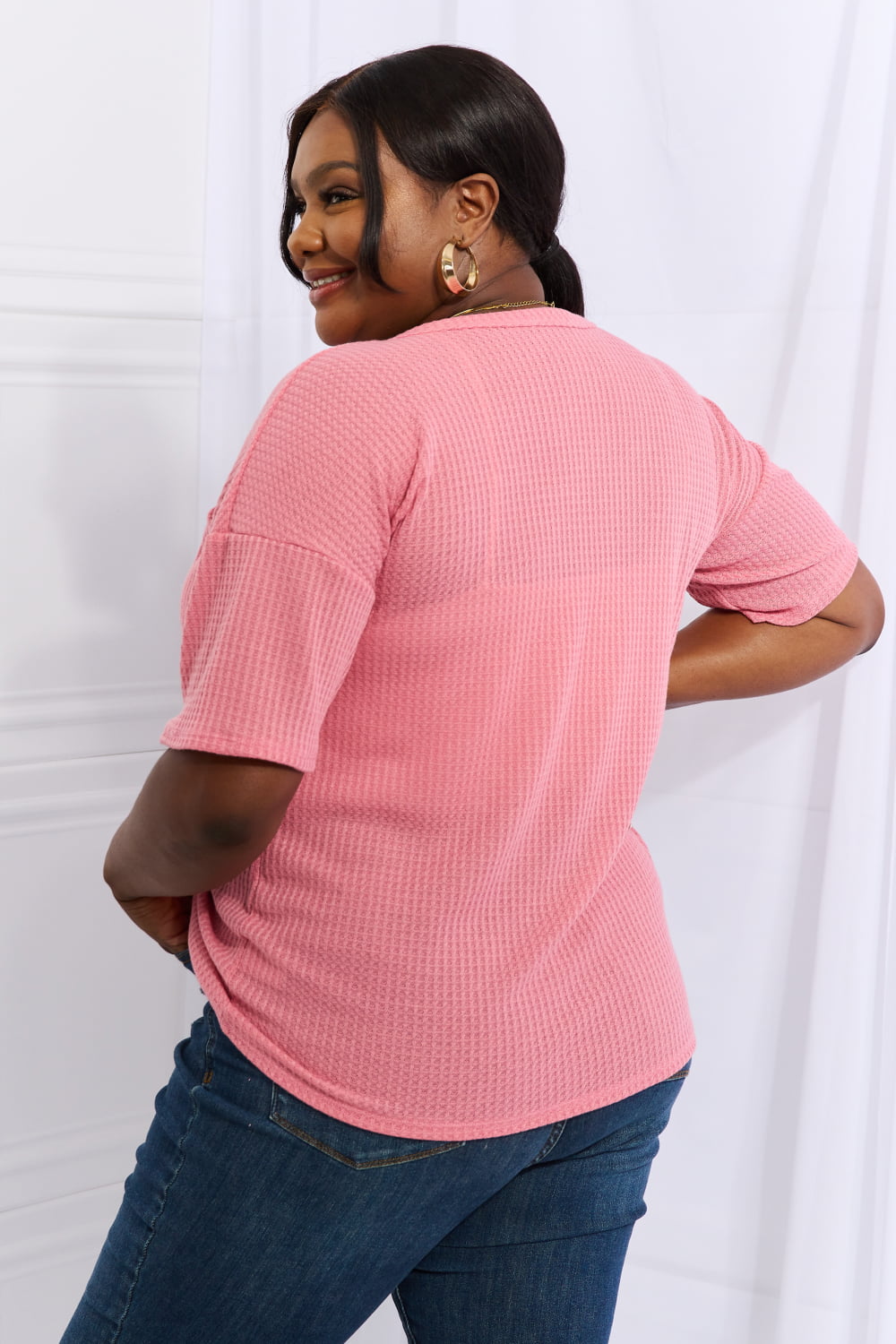 Heimish Made For You Full Size Waffle Top in Coral featuring a split round neck, short sleeves, and a front pocket with button detail.