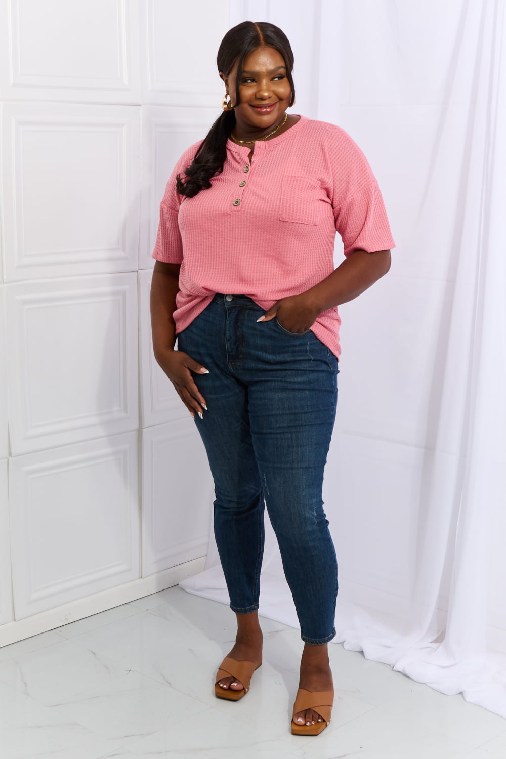 Heimish Made For You Full Size Waffle Top in Coral featuring a split round neck, short sleeves, and a front pocket with button detail.