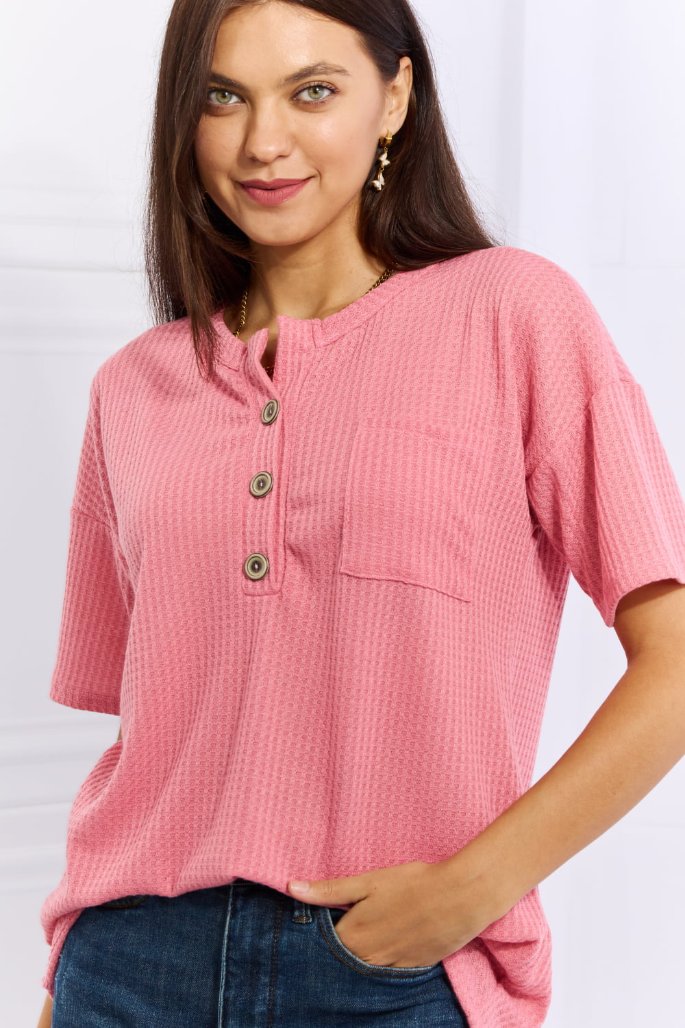 Heimish Made For You Full Size Waffle Top in Coral featuring a split round neck, short sleeves, and a front pocket with button detail.