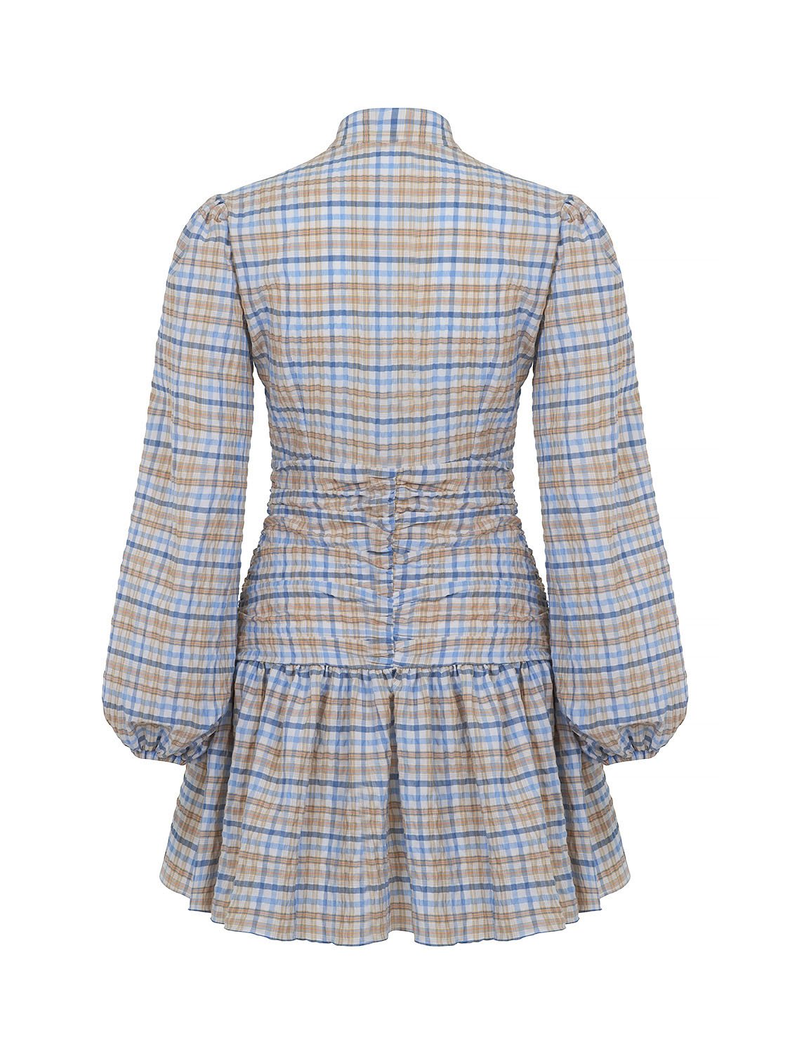 High Collar Draped Mini Dress featuring a flounced hem, front button closure, and elastic cuffs, perfect for casual or chic occasions.